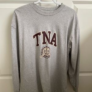 oversized TNA longsleeve, grey with burgundy logo, size 2 (fits like L)